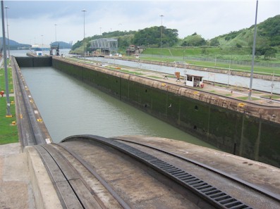 Miraflores Lock at the Panama Canal, looking towards the Pacific